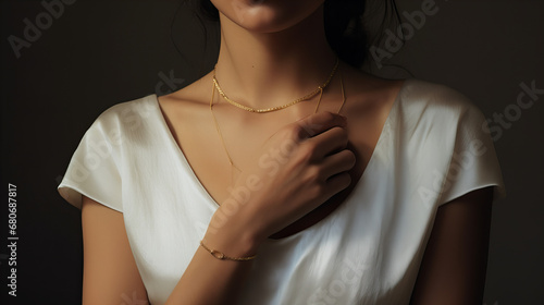 woman in a white silk dress  touching her delicate gold necklace closeup isolated on black background