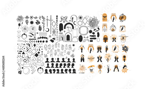 Hand drawn vector abstract graphic illustration elements collection set,magic crescent,butterfly,flowers,crystal,moon and human silhouettes isolated.Mystical celestial esoteric magic design concept.