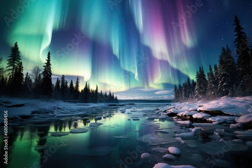 Aurora borealis light on the sky at beautiful place. Background Generative AI