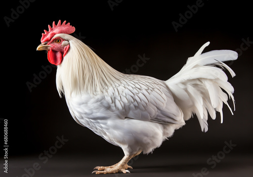 White chicken portrait on dark background. AI generated © Alicina