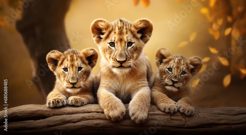 Close-up of three cute lion cubs