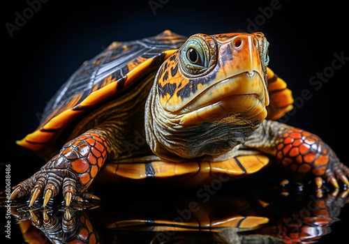 Colorful turtle portrait on dark background. AI generated