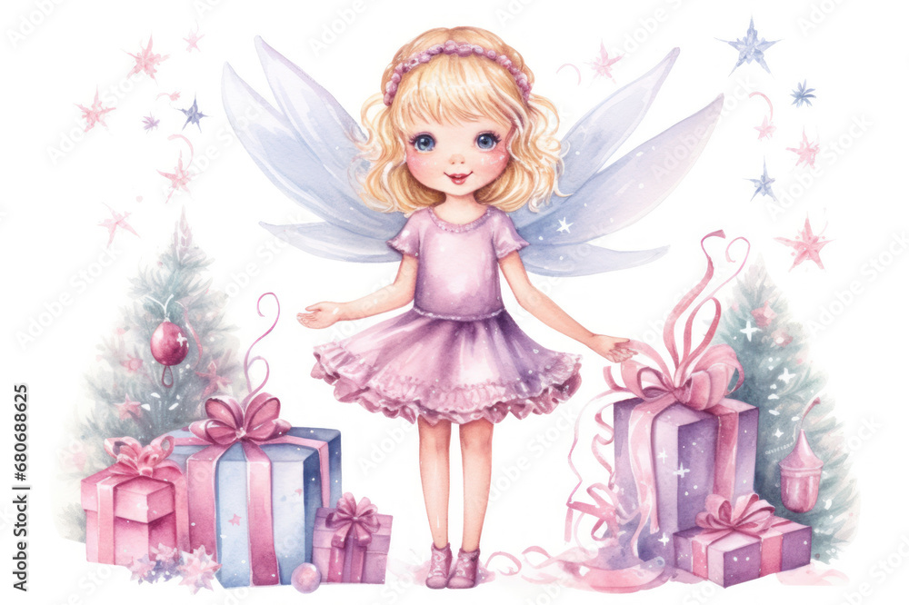 Watercolor Christmas Princess. Illustration of magical fairy with wings in pink dress with Christmas trees and gifts. Little angel girl. Ideal for children book, holiday cards, kid decor scrapbooking Watercolor Christmas Princess. Illustration of magical fairy with wings in pink dress with Christmas trees and gifts. Little angel girl. Ideal for children book, holiday cards, kid decor scrapbooking