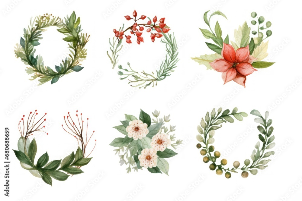 Clip art. Cute watercolor wreaths from green twigs, mistletoe branches and flowers isolated on white background. Decoration for Christmas and New Year. Illustration for greeting cards, invitations