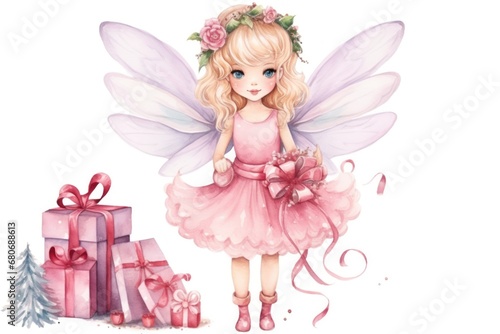 Watercolor Christmas Angel. Illustration of magical fairy with wings in pink dress with gifts. Little princess girl. Ideal for children book, holiday cards, kid decor, scrapbooking, greetings.
