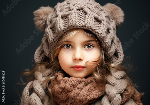 Little girl dressed warmly in a woolen hat and scarf. Winter time. AI generated