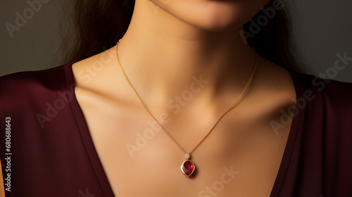 model in delicate golden necklace ruby pendant photo