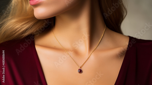 delicate golden necklace with a ruby pendant worn by a model in deep red dress, closeup, low neckline