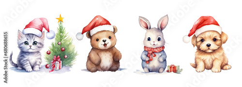 Wallpaper Mural Clip art. Cute watercolor animals with Christmas attributes fir tree, gifts, Santa Claus hat. Kitten, bear, puppy, rabbit. Illustration isolated on white background. For greeting cards, scrapbooking. Torontodigital.ca