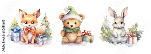 Xmas Clip art. Cute watercolor animals with Christmas attributes fir tree, gifts, Santa Claus hat. Fox, bear, hare. Illustration isolated on white background. For greeting cards, scrapbooking