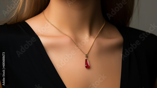 delicate golden necklace with a ruby pendant worn by a model in a low neckline black dress, closeup