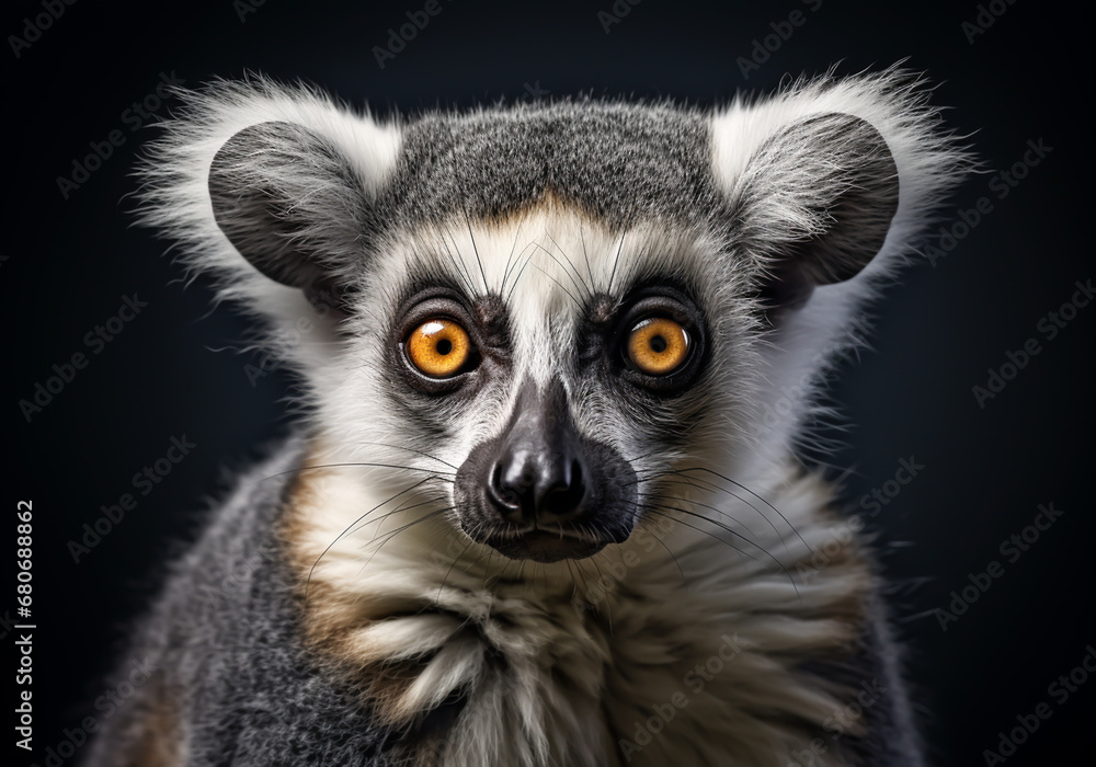 Naklejka premium Lemur with its big eyes on dark background. AI generated