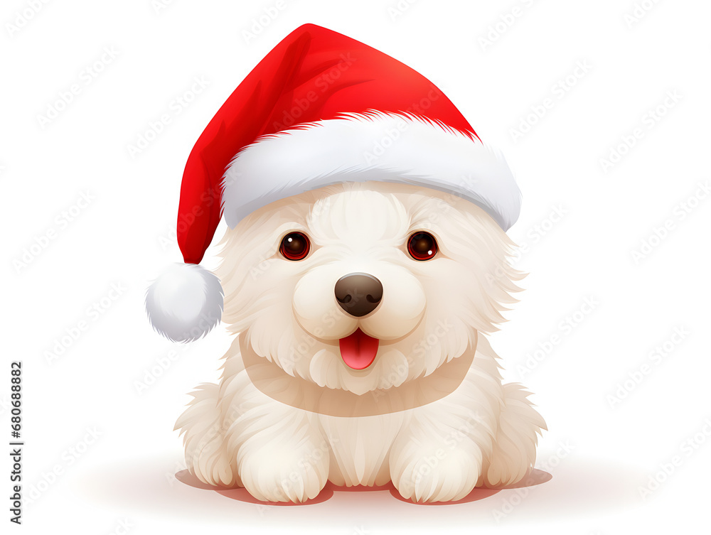Illustration of a cute white dog with red Christmas hat, isolated on white background Illustration of a cute white dog with red Christmas hat, isolated on white background