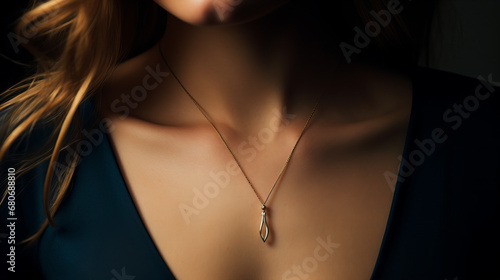 delicate golden necklace with a pendant worn by a model closeup with low neckline