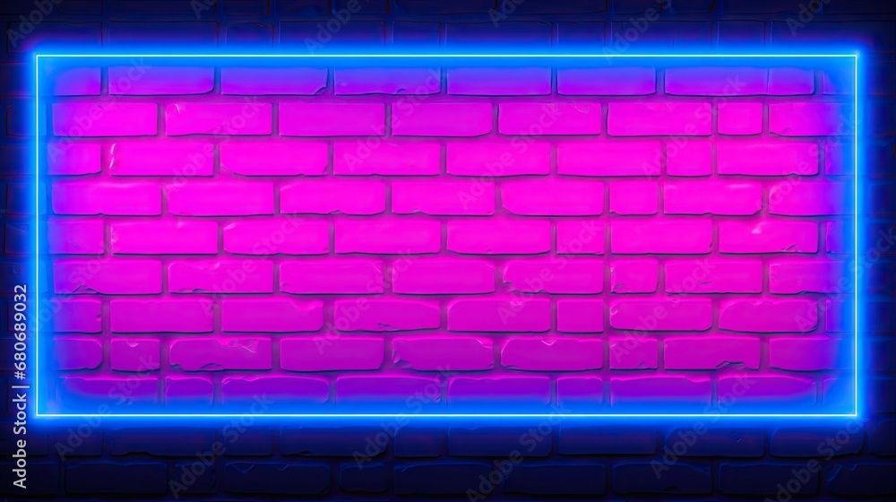 Brick wall with neon lights. Pink and blue electric light. Purple glow brickwall with copy space, square rectangle frame Brick wall with neon lights. Pink and blue electric light. Purple glow brickwall with copy space, square rectangle frame