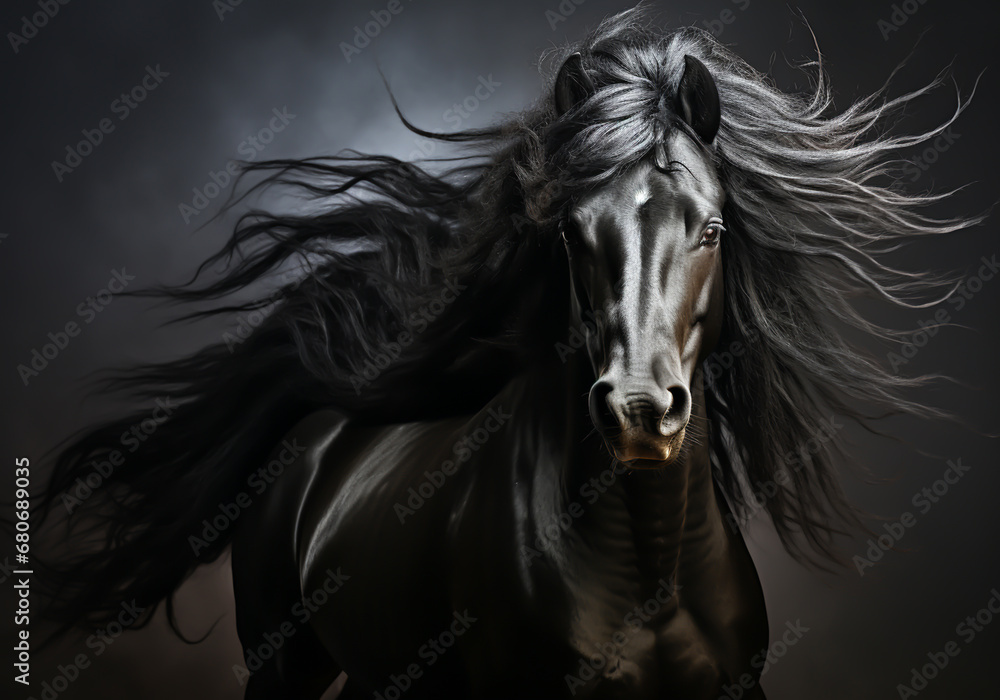 Black horse with long mane in dark background. AI generated