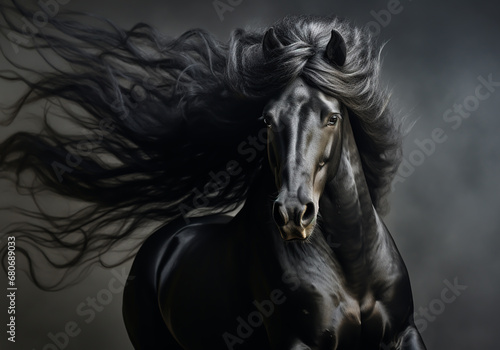 Black horse with long mane in dark background. AI generated © Alicina
