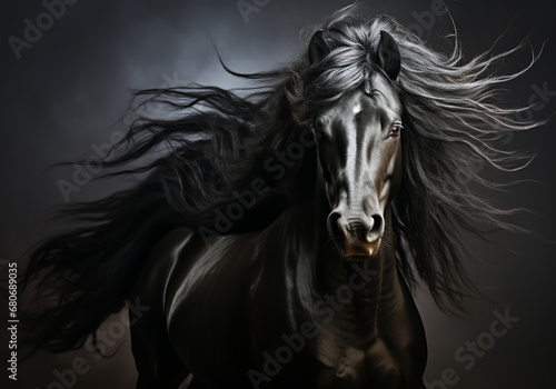 Black horse with long mane in dark background. AI generated © Alicina