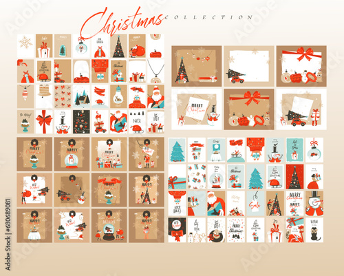 Hand drawn vector abstract fun Merry Christmas time cartoon illustrations greeting cards template and backgrounds big collection set with gift boxes,people and Xmas tree isolated on color background.