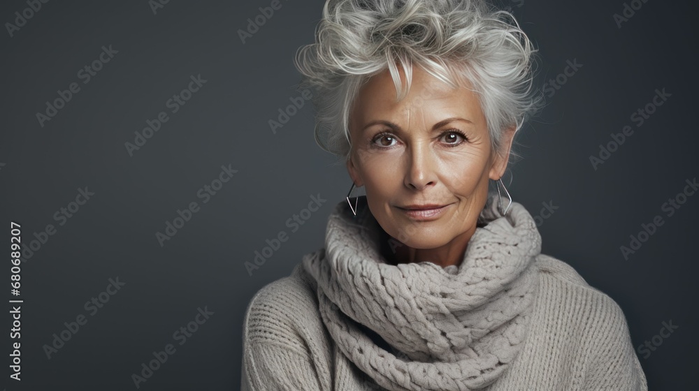 In the studio background, Fashionably dressed elderly woman looks stylish. In the studio background, Fashionably dressed elderly woman looks stylish.