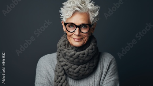 In the studio background, Fashionably dressed elderly woman looks stylish.