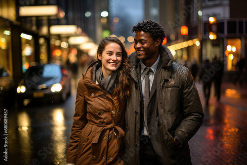 A smiling multiethnic couple enjoying a night out together in a brightly lit urban city street.