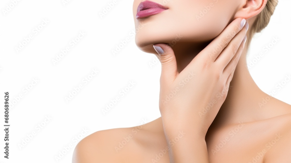 Photograph of a female model with clean and healthy skin touching her face, taken on a studio background. Photograph of a female model with clean and healthy skin touching her face, taken on a studio background.