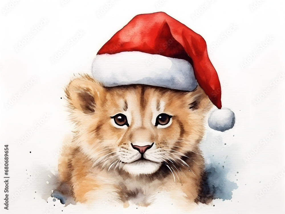 Watercolor illustration of a cute little lion with red Christmas hat, isolated on white background Watercolor illustration of a cute little lion with red Christmas hat, isolated on white background