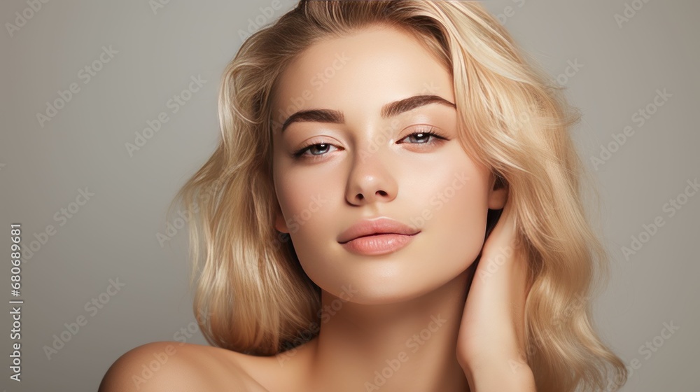 Photograph of a female model with clean and healthy skin touching her face, taken on a studio background. Photograph of a female model with clean and healthy skin touching her face, taken on a studio background.