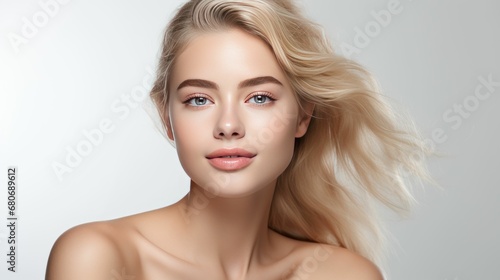 Photo of a female model with clear and healthy skin on a studio background.