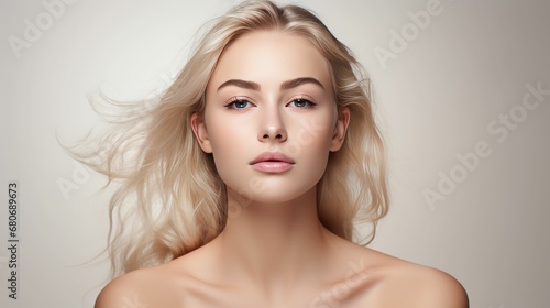 Photo of a female model with clear and healthy skin on a studio background.