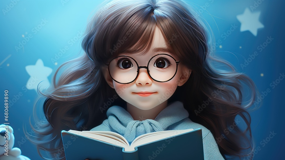 Illustration of cute boy with glasses engrossed in a book, framed by a calming blue background. Illustration of cute boy with glasses engrossed in a book, framed by a calming blue background.