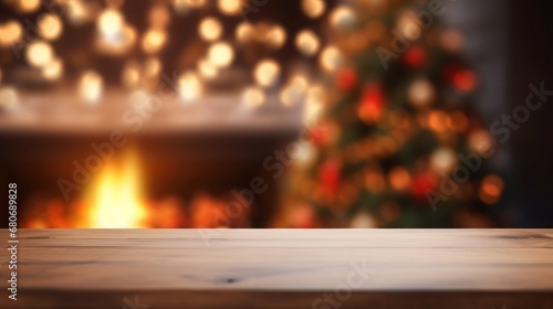 Wood table top with blurry christmas tree and fireplace background for displaying or mounting your products, Copy space