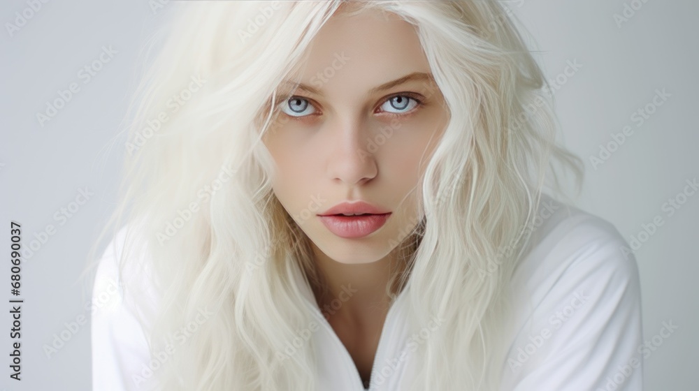 Stunning blonde with long white hair and charming gaze poses against a white studio background.