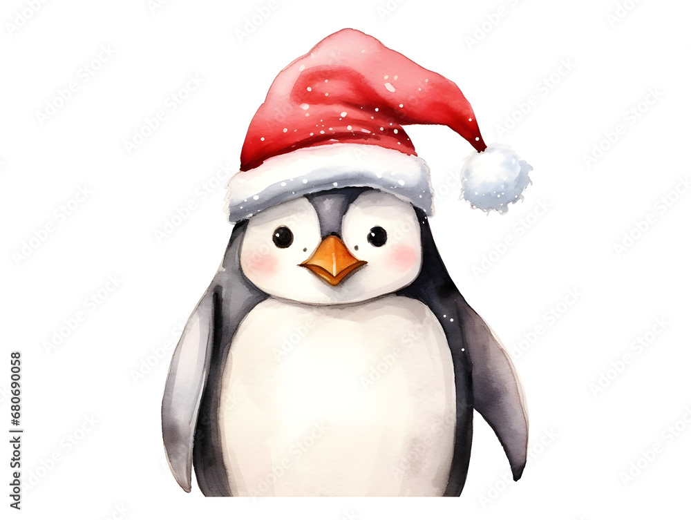 Watercolor illustration of a cute pinguin with red Christmas hat, isolated on white background Watercolor illustration of a cute pinguin with red Christmas hat, isolated on white background