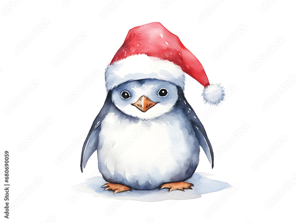 Watercolor illustration of a cute pinguin with red Christmas hat, isolated on white background Watercolor illustration of a cute pinguin with red Christmas hat, isolated on white background