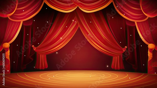 Theater stage. Background with copy space. Cultural leisure and event. Red curtains and interior.