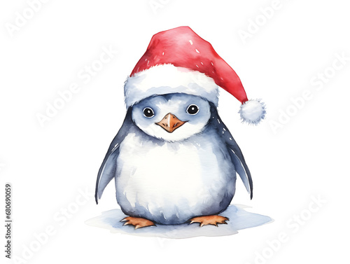 Watercolor illustration of a cute pinguin with red Christmas hat, isolated on white background