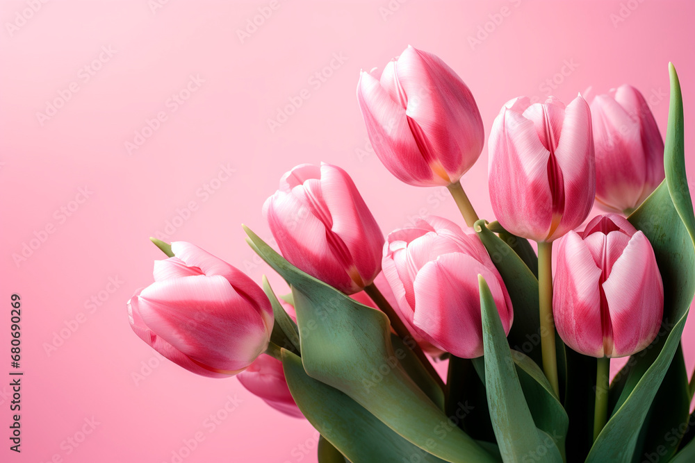 Bouquet of pink tulips on a pink background with copy space