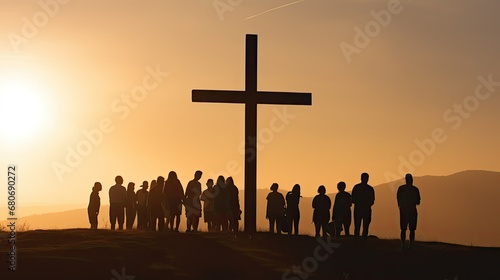 People are standing near the cross. Silhouettes of Christian men and women. Religious concept of faith and prayer.