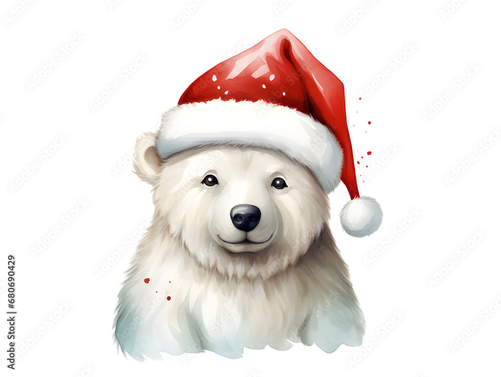 Watercolor illustration of a white bear with red Christmas hat, isolated on white background Watercolor illustration of a white bear with red Christmas hat, isolated on white background