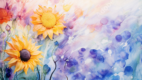 Abstract watercolor painting, fields of lavender, sunflowers, and tulips, vibrant and contrasting hues, free-form brush strokes, splatter effects