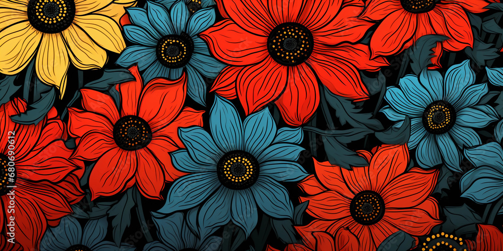 Digital doodle, simplified and whimsical daisies, sunflowers, and poppies, thick black outlines, flat bright colors, minimalist