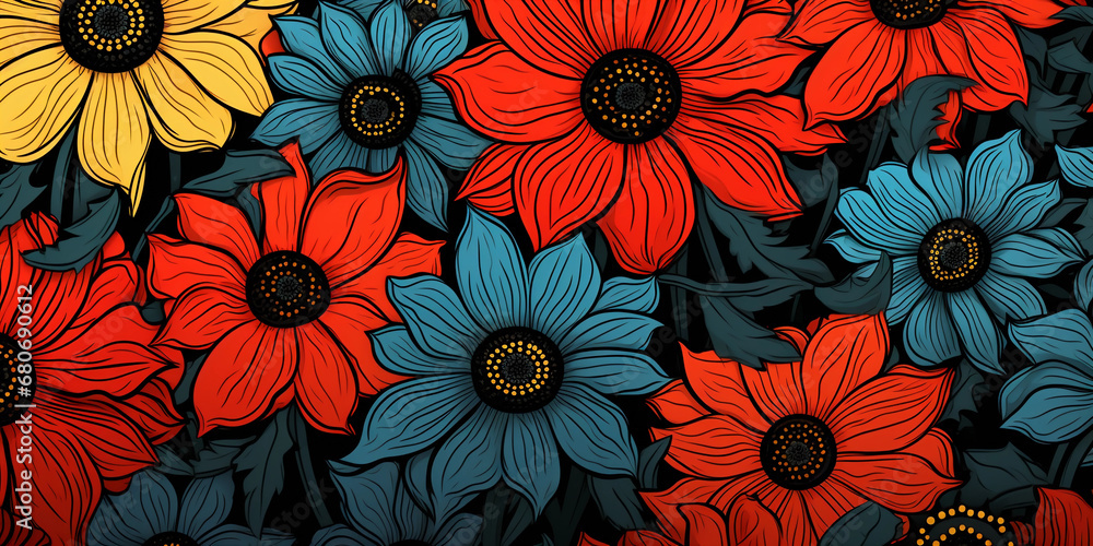 Digital doodle, simplified and whimsical daisies, sunflowers, and poppies, thick black outlines, flat bright colors, minimalist Digital doodle, simplified and whimsical daisies, sunflowers, and poppies, thick black outlines, flat bright colors, minimalist