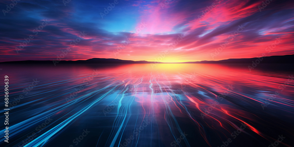 Futuristic abstract sunset, neon glow, reflections on water, high saturation, conceptual Futuristic abstract sunset, neon glow, reflections on water, high saturation, conceptual