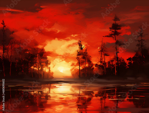 abstract sunset, intricate brush strokes, vivid red and gold palette, silhouette of trees, golden hour lighting