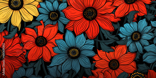 Digital doodle  simplified and whimsical daisies  sunflowers  and poppies  thick black outlines  flat bright colors  minimalist