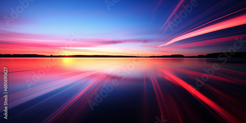 Futuristic abstract sunset, neon glow, reflections on water, high saturation, conceptual