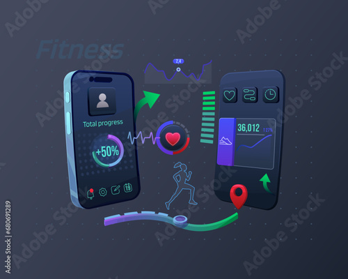 Fitness app, mobile app for running. Mobile app screen with graphs and chart, heart rate measurement, tracker and pedometer. Silhouette of a running girl, user interface design. Vector illustration.