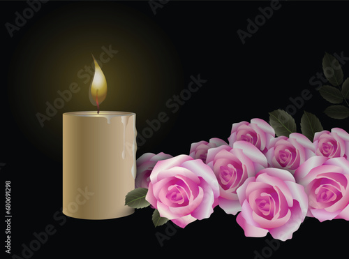 Burning candle and pink roses flowers on a dark background. Funeral, prayer, memorial day concept. Vector condolence card.